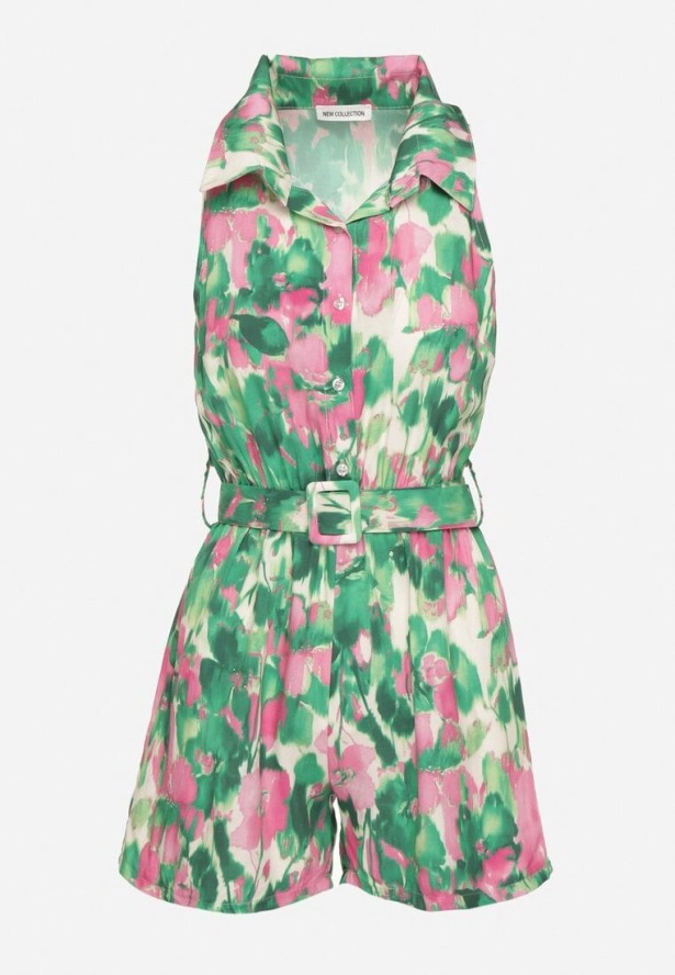 Ciemnozielony Wiskozowy Kombinezon o Koszulowym Kroju Bez Rękawów z Paskiem Tolivia