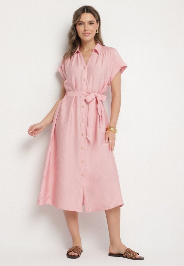 Różowa Wiskozowa Sukienka Koszulowa z Paskiem Rinaruna