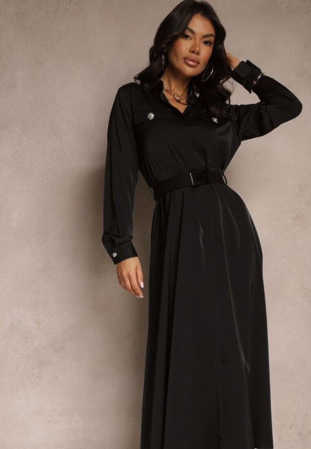 Czarna Satynowa Sukienka w Stylu Szmizjerki z Imitacjami Kieszeni i Paskiem Vaminay