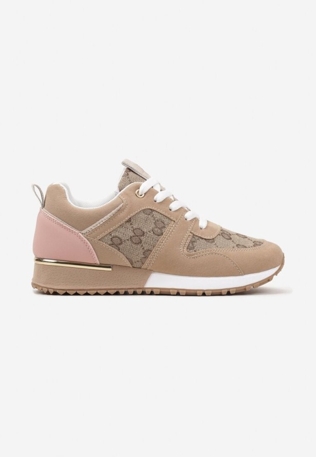 Beżowo-Różowe Sneakersy Ozdobione Wzorzystymi Wstawkami Halisna