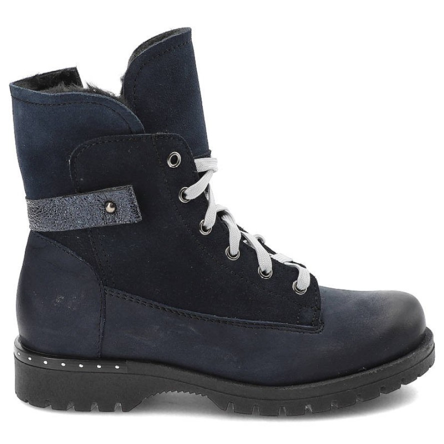 Granatowe Botki Pollonus Skórzane Ocieplane Buty Damskie