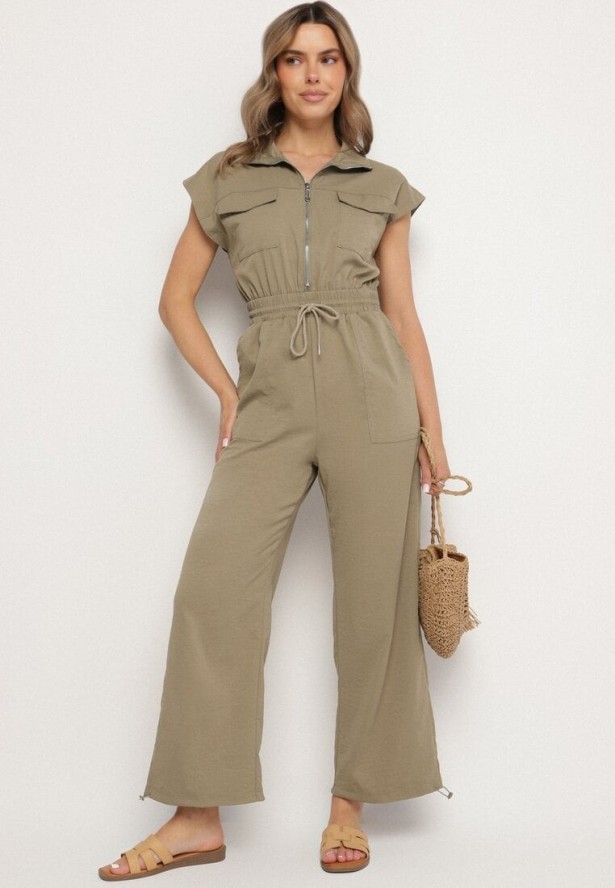 Zielony Kombinezon na Krótki Rękaw z Kołnierzykiem i Zapięciem na Suwak Kareldi