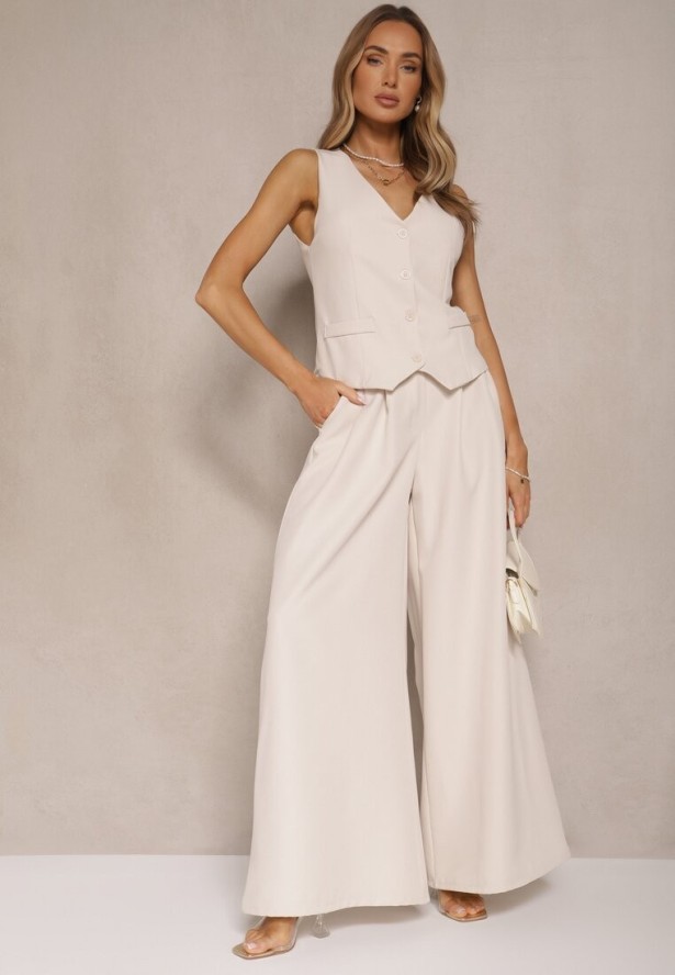 Jasnobeżowy Komplet Garniturowy z Kamizelką i Spodniami o Szerokim Kroju Ravirana