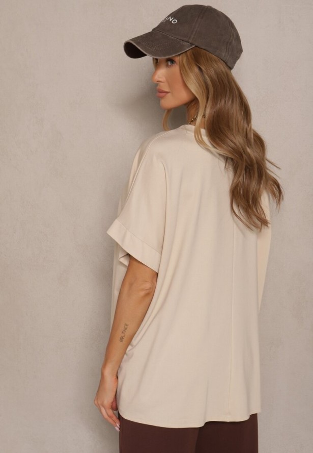 Beżowy T-shirt z Wiskozą o Fasonie Nietoperza Tanalitha