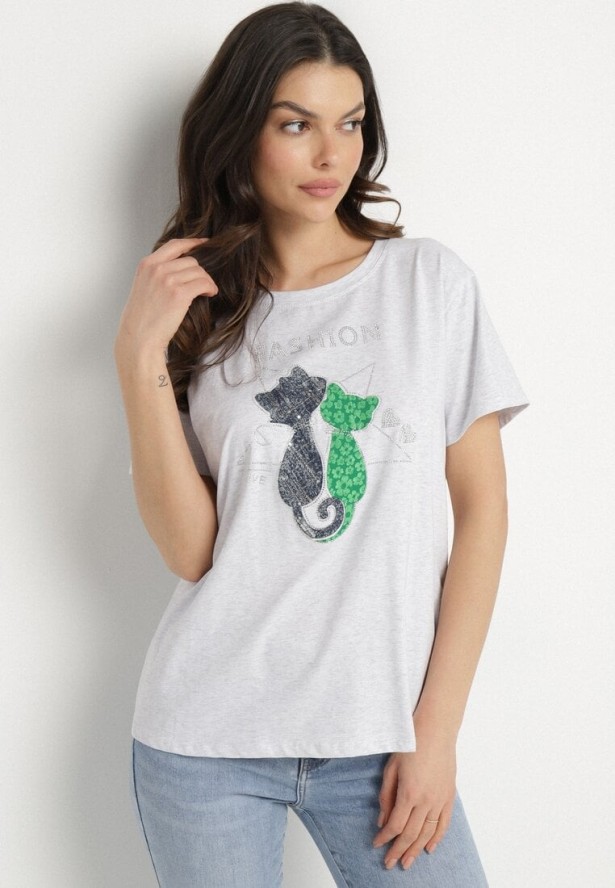 Jasnoszary T-shirt z Bawełny z Ozdobnym Napisem i Nadrukiem Olinella