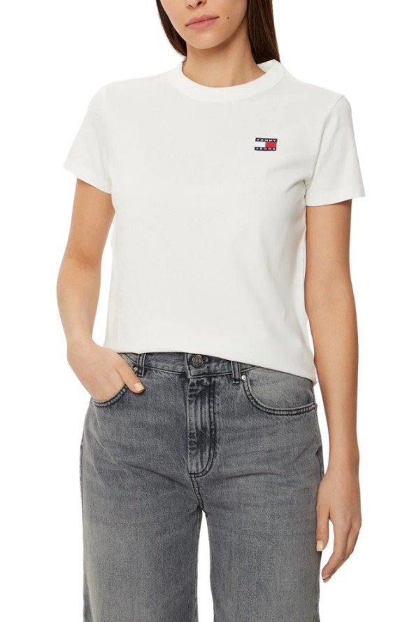 TOMMY JEANS Beżowy damski t-shirt z małym logo, Rozmiar L