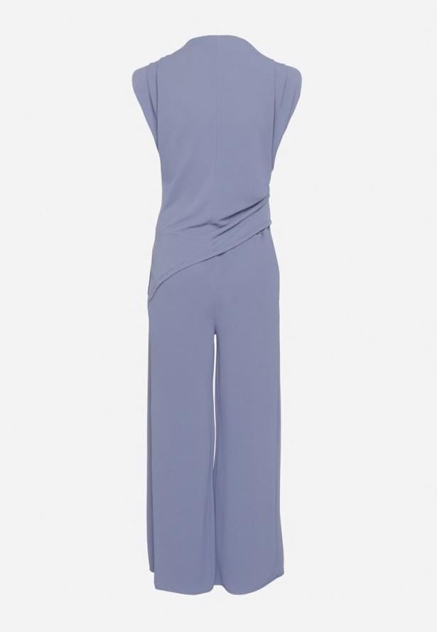 Niebieski Komplet Bluzka z Zaznaczonymi Ramionami i Spodnie Szerokie na Gumce Divaires