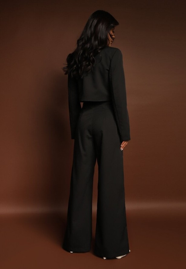 Czarny Garniturowy Komplet Marynarka Cropped i Szerokie Spodnie Mairilee