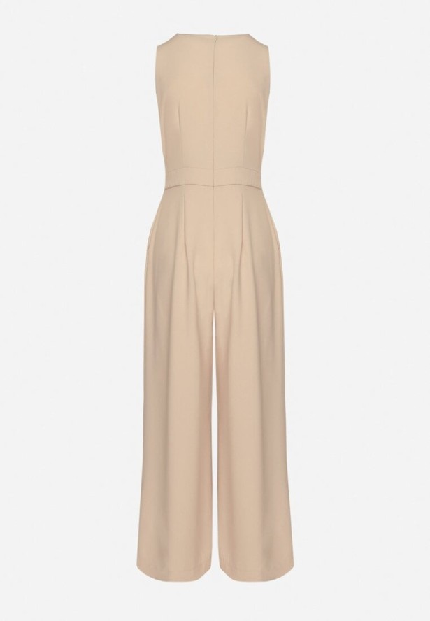Beżowy Kombinezon Bez Rękawów z Szerokimi Nogawkami i Kieszeniami Veleldia