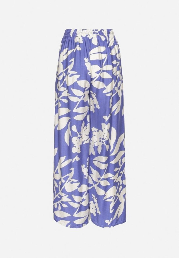 Niebieskie Wiskozowe Spodnie o Szerokim Kroju z Wysokim Stanem w Kwiaty Neorilia