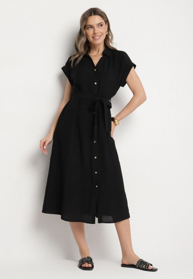 Czarna Wiskozowa Sukienka Koszulowa z Paskiem Rinaruna