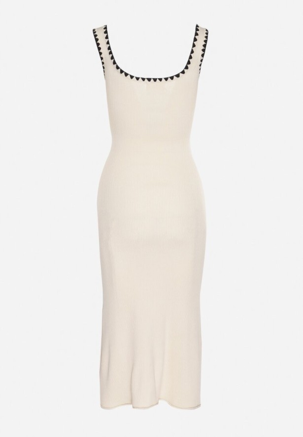 Beżowa Sukienka Dzianinowa o Taliowanym Kroju na Ramiączkach z Lamówką Zenlimi