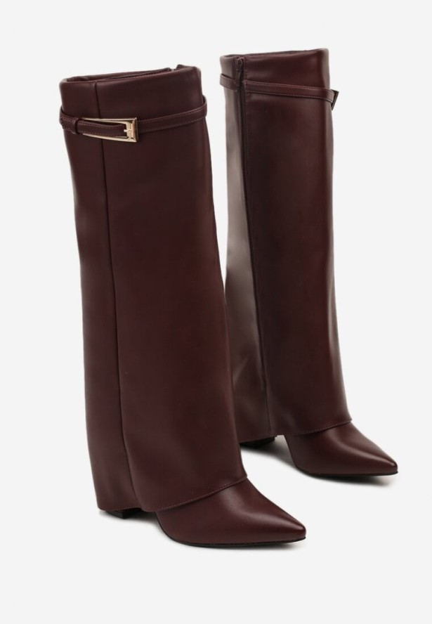 Bordowe Kozaki na Słupku Typu Kowbojki Ozdobione Klamrą i Wywiniętą Cholewką Nalonea