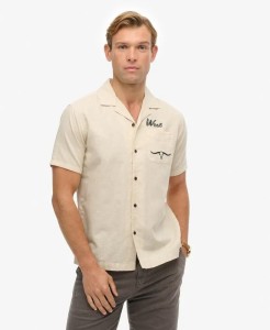 superdry Koszula Resort The Merchant Store z bawełny i lnu – Oatmeal Beige