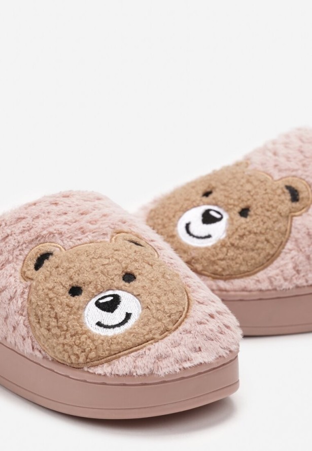 Różowe Ocieplone Kapcie z Naszywką w Kształcie Uroczego Misia Garana