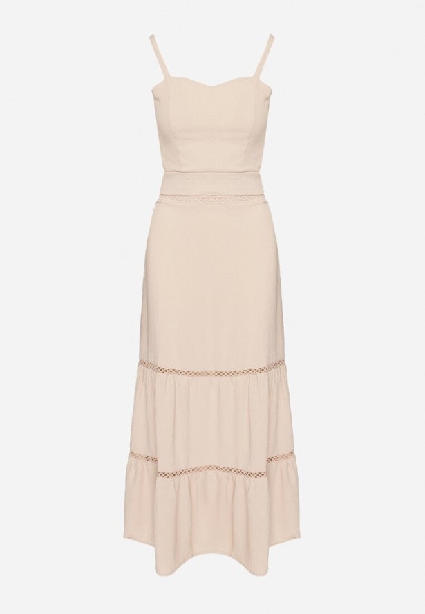 Beżowy Komplet z Dopasowanym Topem i Rozkloszowaną Spódnicą Addira