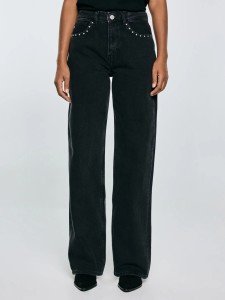 Jeansy damskie z szeroką nogawką z ozdobnymi dżetami czarne Atrea 929