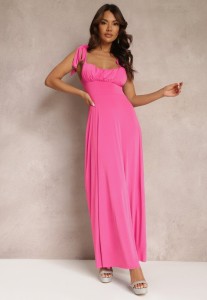 Ciemnoróżowa Długa Sukienka z Marszczonym Dekoltem i Wiązanymi Ramiączkami Rozvita