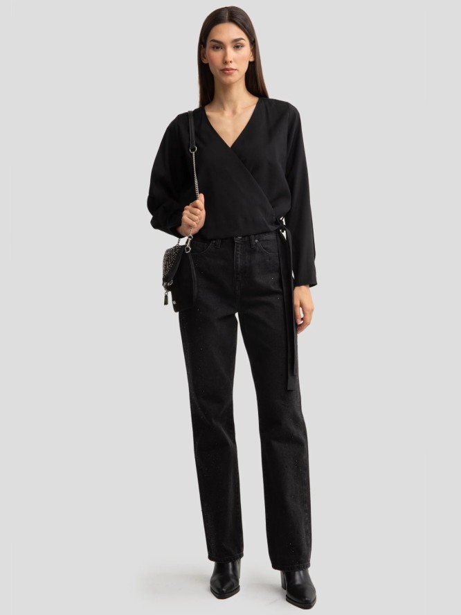 Jeansy damskie z prostą nogawką z cyrkoniami czarne Jade 925