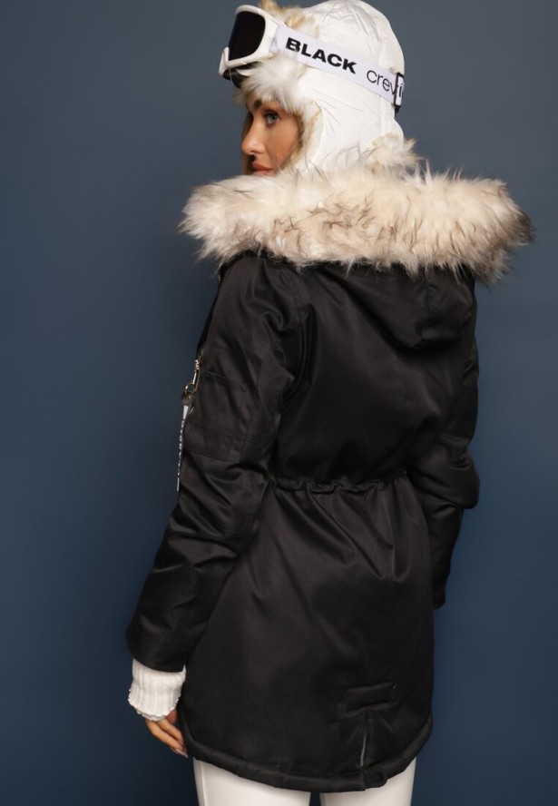 Czarno-Beżowa Kurtka Parka z Kapturem i Futrzanym Obszyciem z Możliwością Odpięcia Inaveira