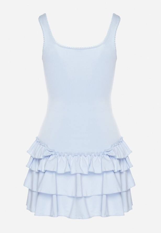 Niebieska Sukienka z Wiskozą Ozdobiona Falbankami Ovinia