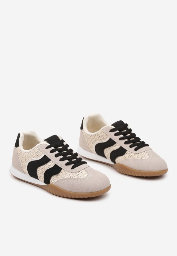 Beżowo-Czarne Sneakersy Ozdobione Plecionką z Rafii Wiloria