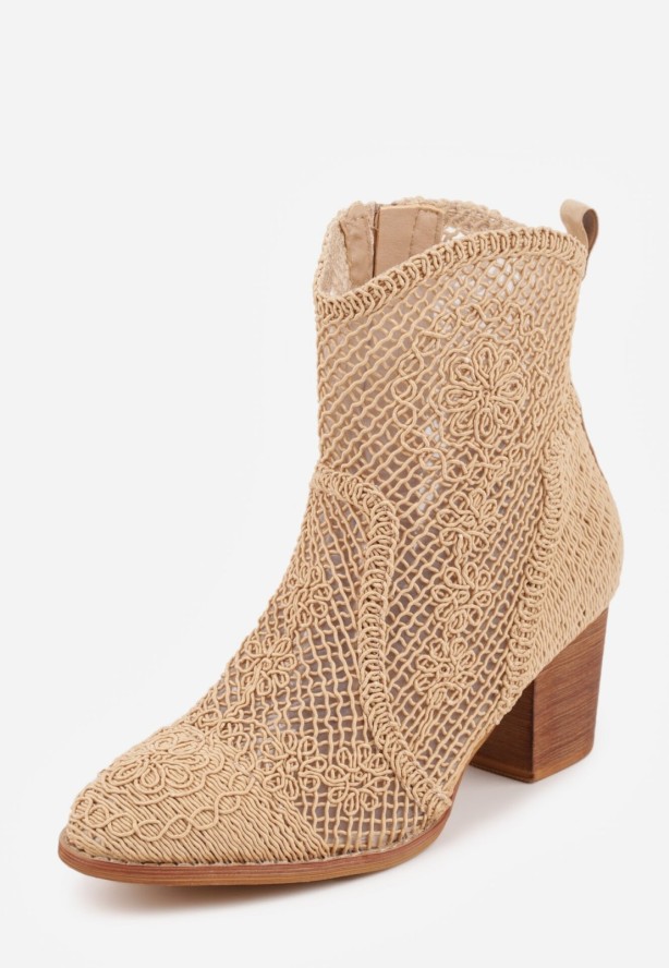 Ciemnobeżowe Botki Kowbojki VICES na Stożku z Ażurową Cholewką Azivessa