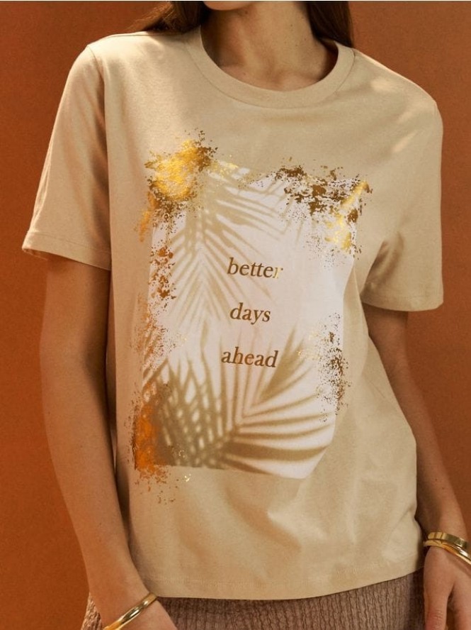 Bawełniana koszulka z metalicznym printem - kremowy