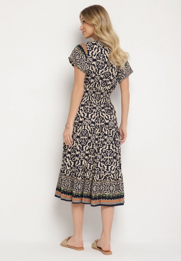 Granatowa Bawełniana Sukienka z Guzikami i Ornamentnym Wzorem Zisselle