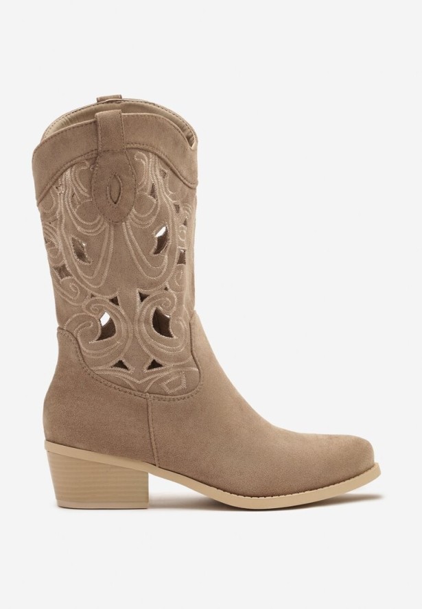 Ciemnobeżowe Botki Kowbojki na Obcasie z Ażurową Cholewką Felwinia