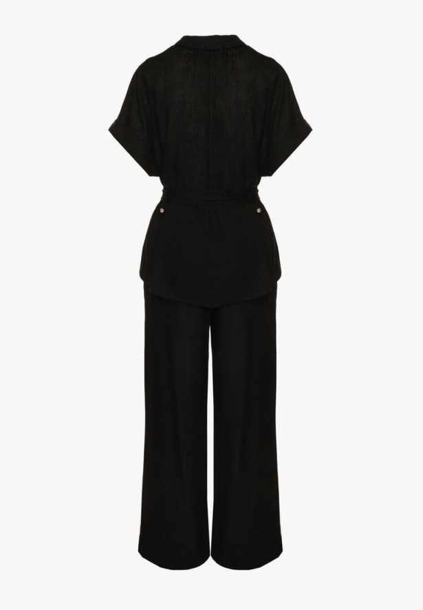 Czarny Komplet z Bawełną Koszula Ozdobiona Paskiem i Spodnie Rinosella