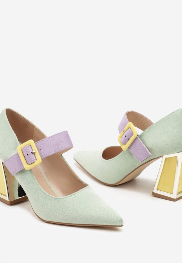 Jasnozielone Czółenka na Obcasie Ozdobione Paskiem ze Sprzączką Enathlin