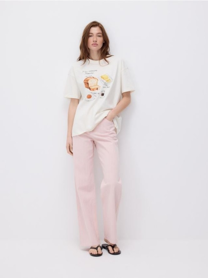 Jeansy wide leg w prążek - różowy
