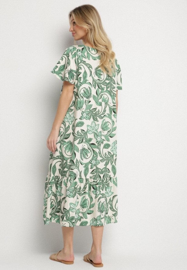 Zielona Pudełkowa Sukienka z Wiskozy w Kwiaty z Dekoltem w Serek Inisara