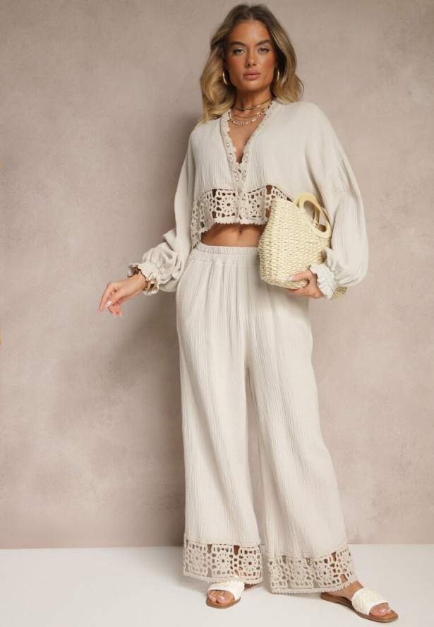 Beżowy Komplet z Bawełny z Ażurowymi Wstawkami Bluzka i Spodnie Paladorea