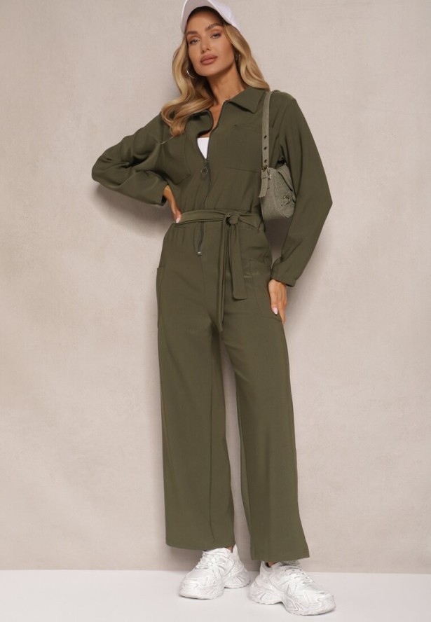 Zielony Kombinezon z Elastyczną Gumką w Pasie z Dodatkowym Wiązaniem o Luźnym Kroju Creera