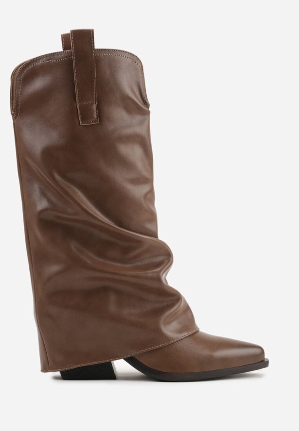 Brązowe Marszczone Kozaki Typu Kowbojki na Stożkowym Obcasie z Wywiniętą Cholewką Esvela
