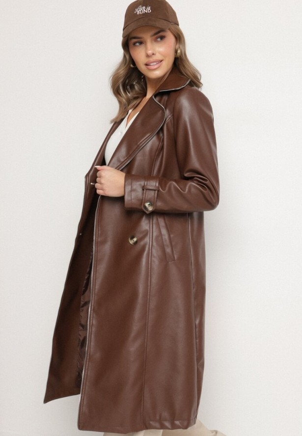 Brązowy Dwurzędowy Płaszcz Trencz z Imitacji Skóry z Wiązanym Paskiem Nilovessa