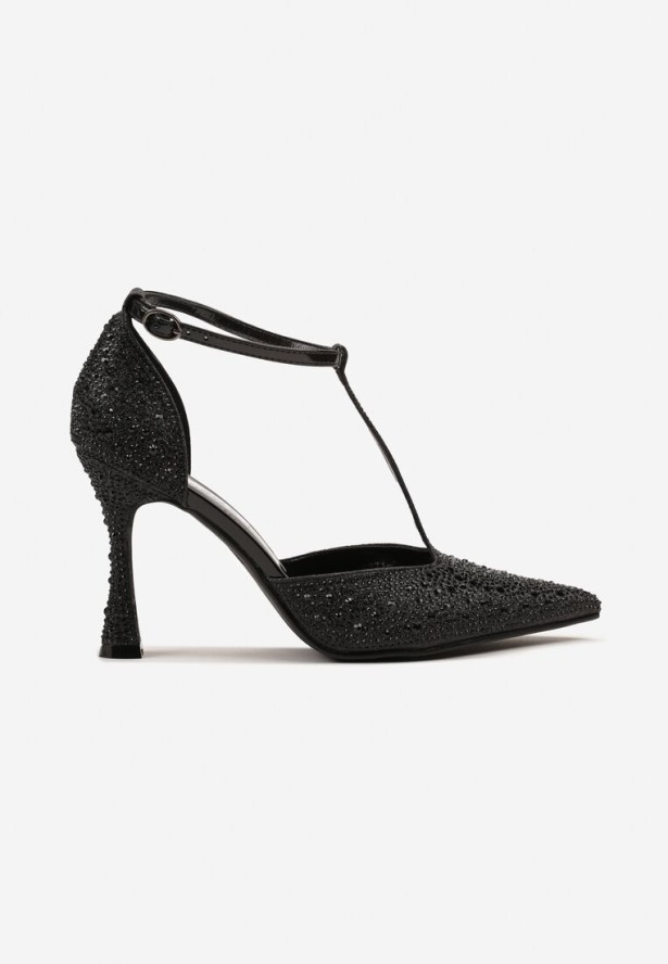 Czarne Sandały na Obcasie z Noskiem w Szpic i Zdobieniem z Cyrkonii Ulosiera