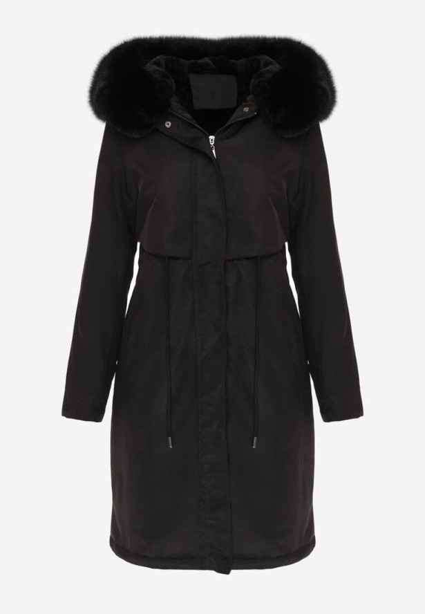 Czarna Kurtka za Kolano ze Ściągaczem i Kapturem z Futerkiem Adoresa