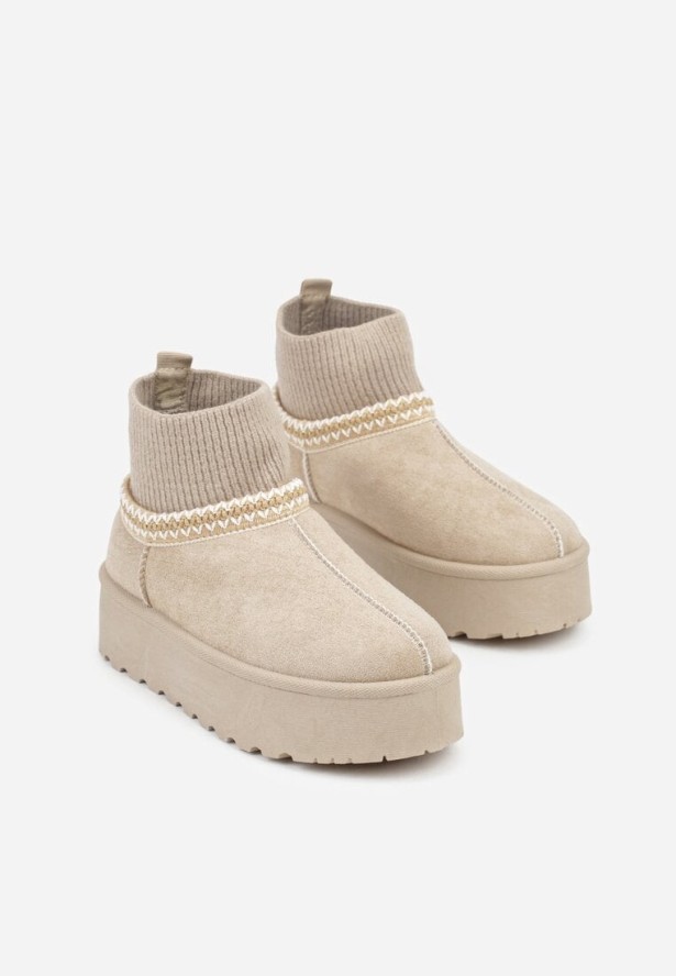 Beżowe Śniegowce VICES na Grubej Podeszwie z Haftem i Skarpetkową Cholewką Enantia