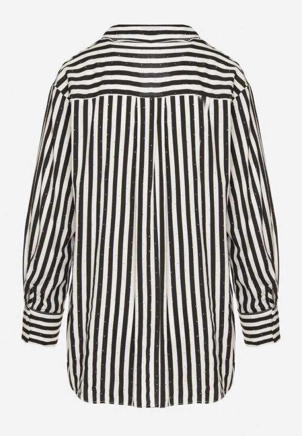 Czarna Bawełniana Koszula w Pionowe Paski Zdobiona Cyrkoniami Isorina