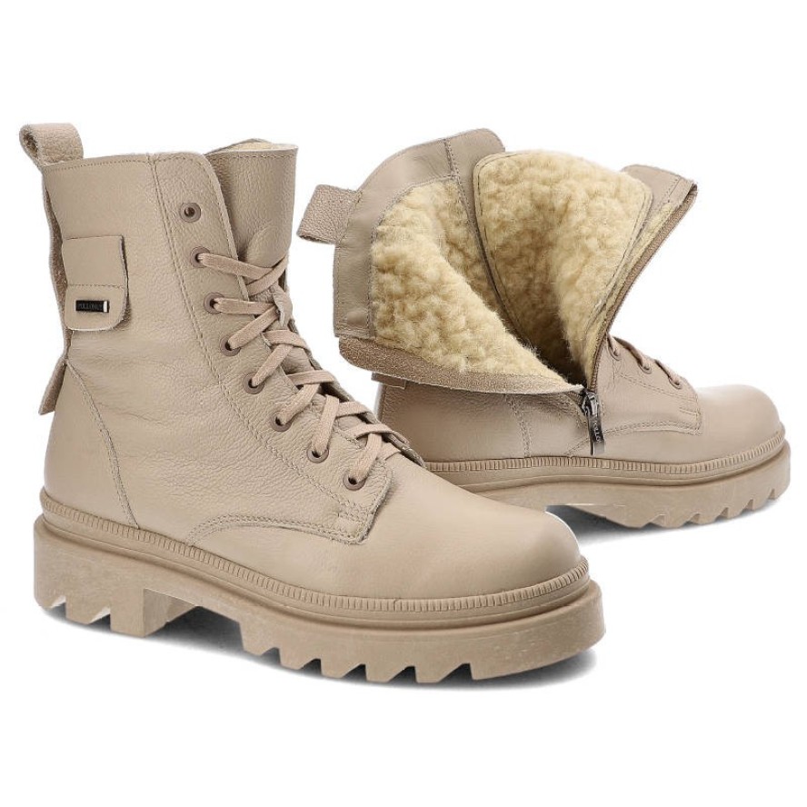 Beżowe Botki Pollonus Skórzane Ocieplane Buty Damskie