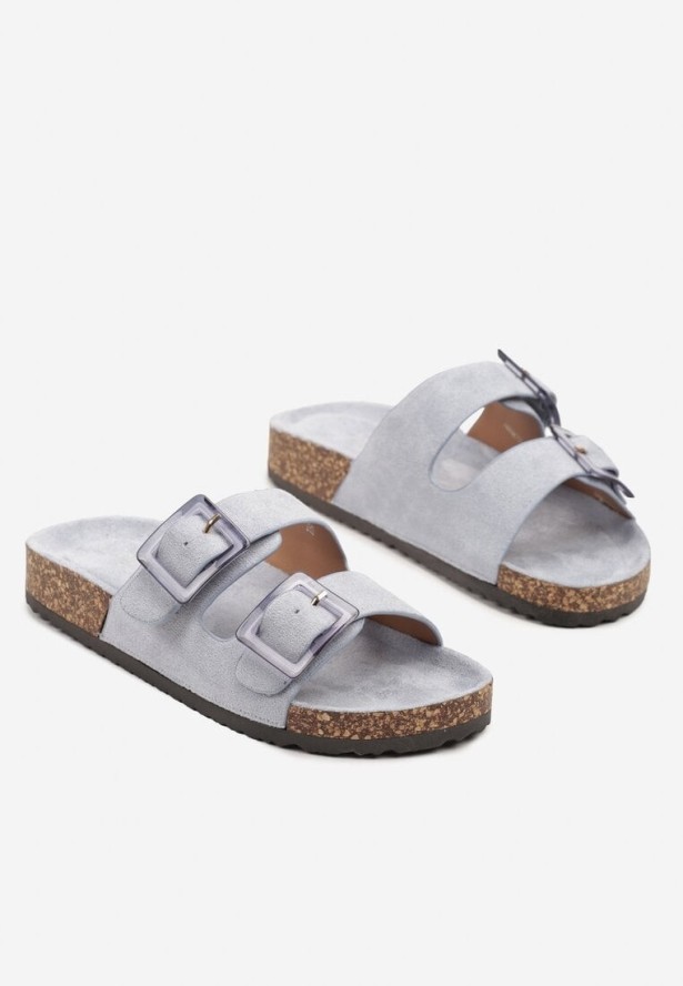 Niebieskie Klapki na Grubej Korkowej Podeszwie z Ozdobnymi Klamrami Telilora