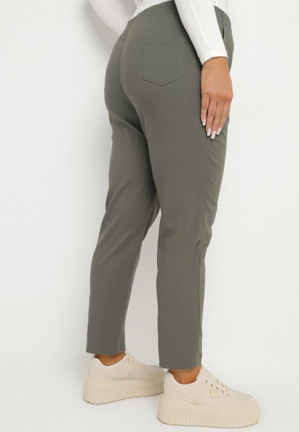 Ciemnozielone Spodnie z Wiskozą z Gumką w Talii i Aplikacjami przy Nogawkach Stellorie