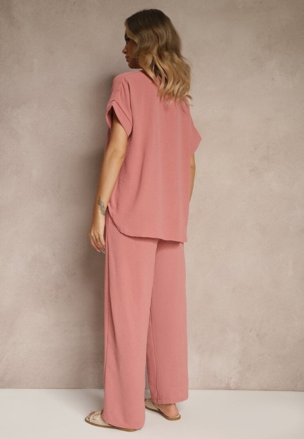 Ciemnoróżowy Komplet Bluzka i Luźne Spodnie z Wiskozą i Kieszonkami Efraria