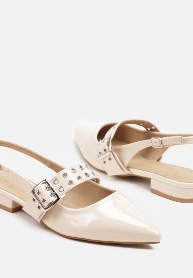 Beżowe Sandały z Odkrytą Piętą i Noskiem w Szpic Zdobione Paskiem z Klamrą Pollione