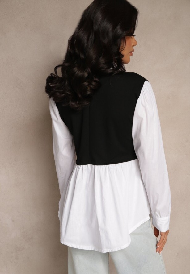 Czarna Koszulowa Bluzka z Wiskozą o Rozkloszowanym Kroju z Wszytą Kamizelką Uliadorella