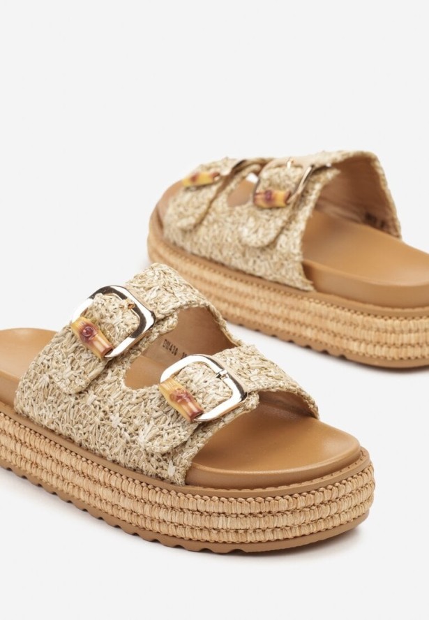 Beżowe Klapki na Platformie z Plecionki z Paskami z Klamrami Sonadwen