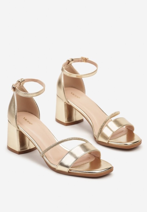 Złote Sandały Vices na Słupkowym Obcasie z Cyrkoniowym Zdobieniem Galisena